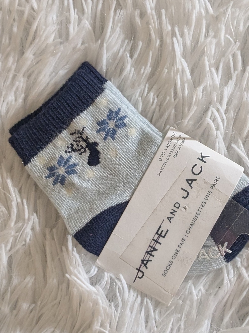 Janie and Jack Light Blue and Navy Reindeer Crew Socks